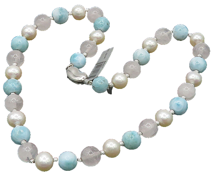 925 Silver  Vintage Pearls Rose Quartz & Larimar Beaded Chain Necklace  NE3385
