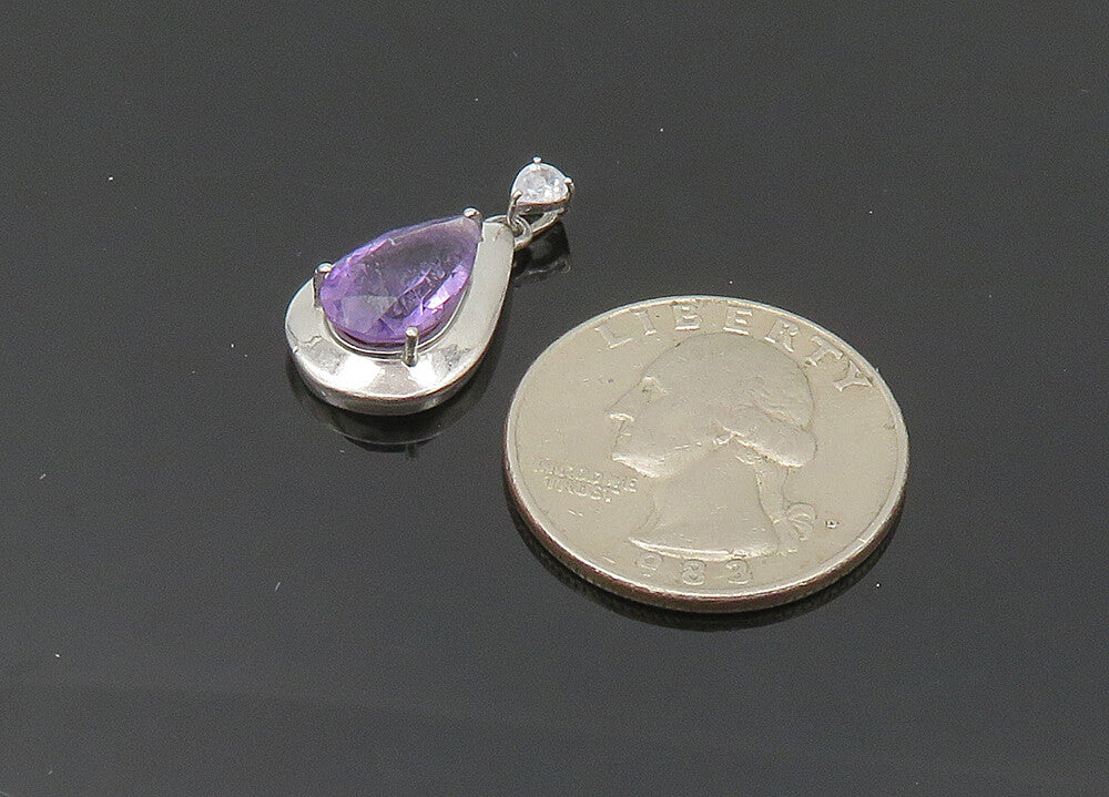 925 Sterling Silver  Vintage Prong Set Amethyst Tear Drop Pendant  PT16096