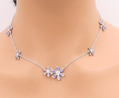925 Sterling Silver Vintage Necklace Tanzanite & CZ Daisy Floral Chain   NE4628