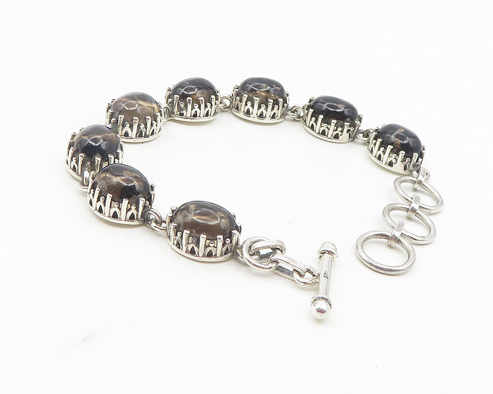 925 Sterling Silver  Vintage Cabochon Cut Smoky Topaz Chain Bracelet  BT4609