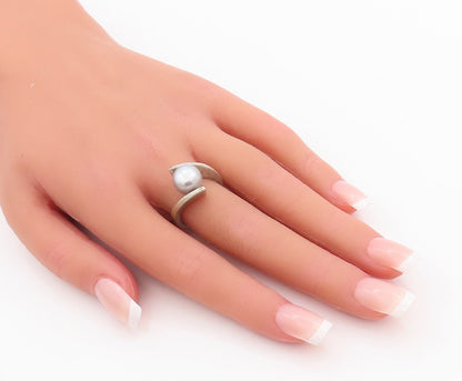 925 Sterling Silver Vintage Ring Designer Grey Pearl Bypass Design  Sz 6 RG29111