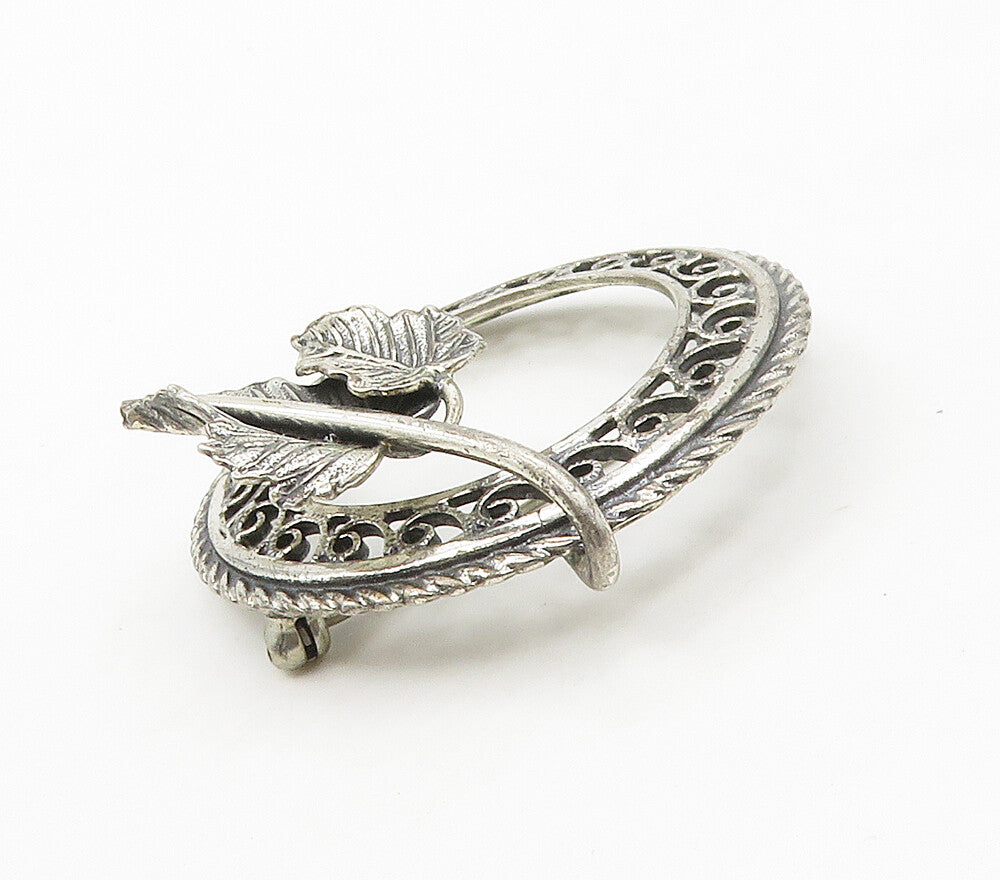 DANECRAFT 925 Sterling Silver  Vintage Shiny Floral Leaves Brooch Pin  BP6196
