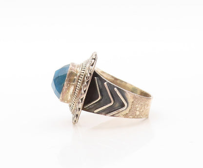 925 Sterling Silver Vintage Ring Swirly Carved Square Cut Gemstone  Sz 7 RG30598