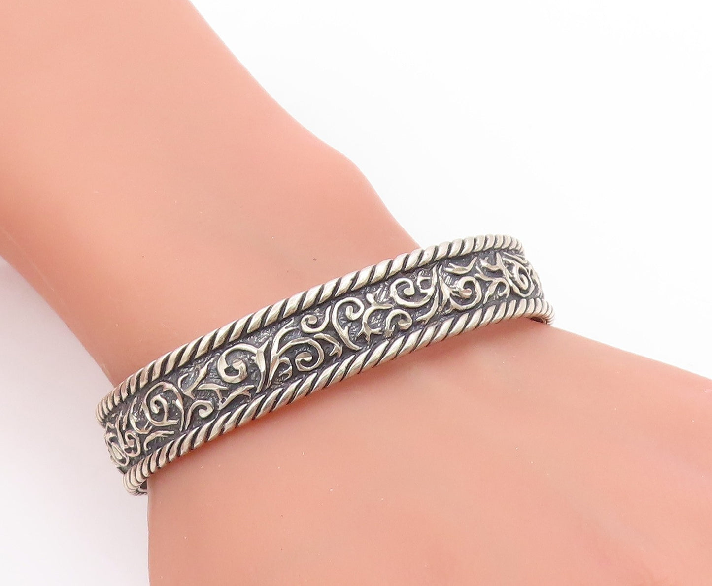 925 Sterling Silver Vintage Bracelet CAROLYN POLLACK Rope & Scrolls Cuff BT11764