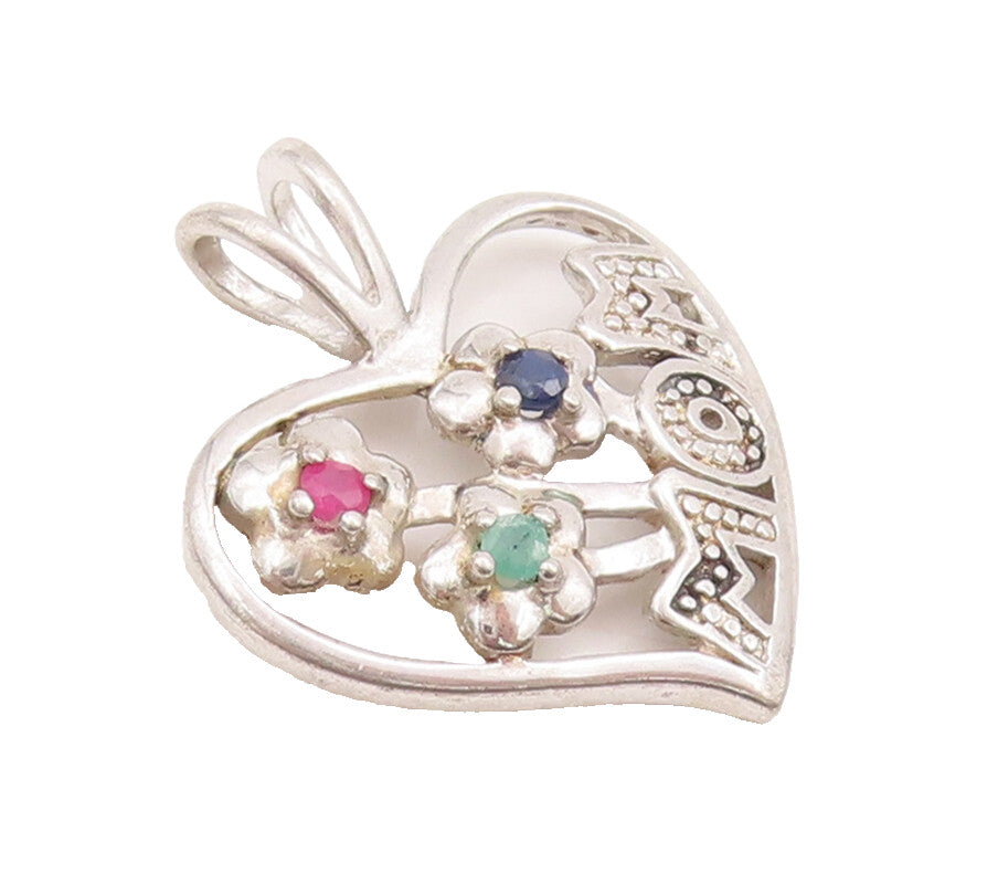 925 Sterling Silver Vintage Pendant Cutout Floral Topaz Heart For Mom  PT22627
