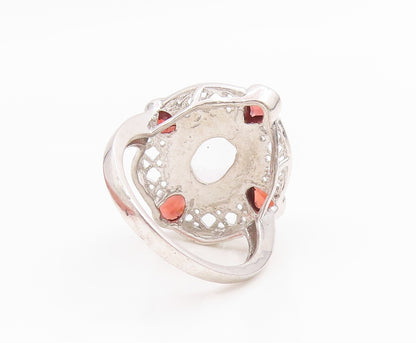 925 Sterling Silver Vintage Ring Cabochon Moonstone & Garnet Band  Sz 7  RG36141