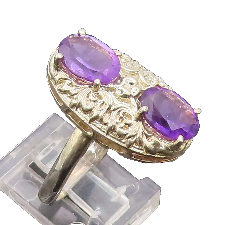 925 Sterling Silver Vintage Ring Hammered Effect Oval Amethyst Sz 9  RG27614