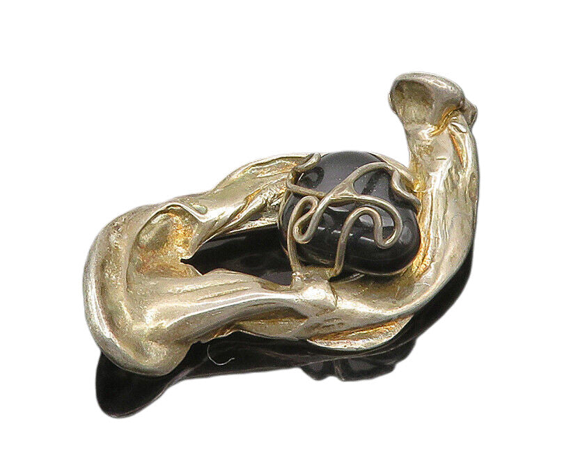 925 Sterling Silver  Vintage Black Onyx Modernist Sculpted Brooch Pin  BP7326