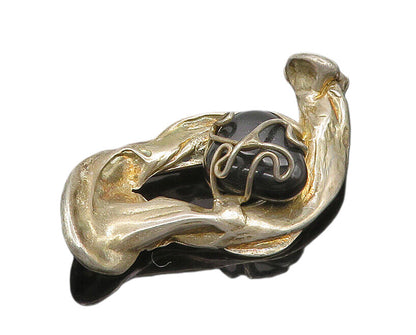 925 Sterling Silver  Vintage Black Onyx Modernist Sculpted Brooch Pin  BP7326