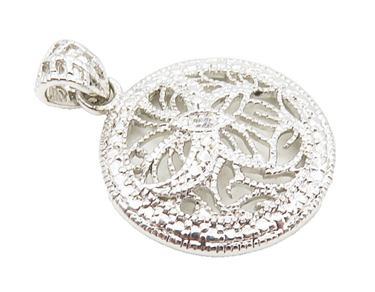 925 Sterling Silver  Shiny Topaz Accented Floral Round Drop Pendant  PT7054