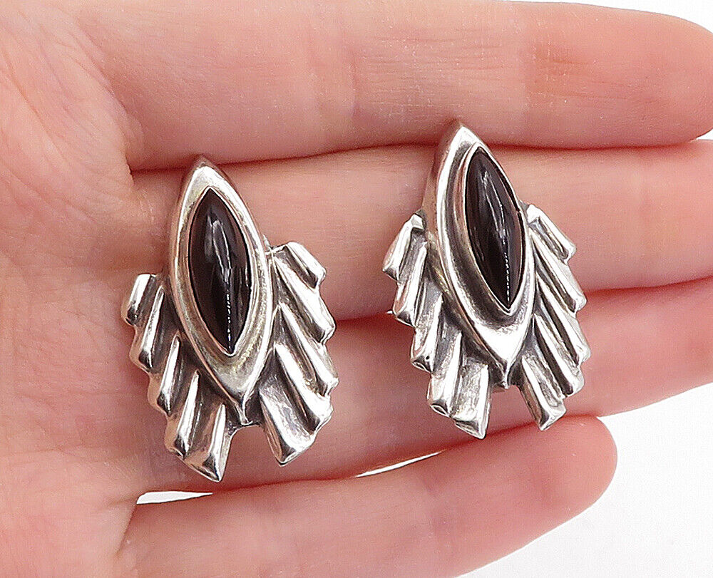 925 Sterling Silver  Vintage Black Onyx Shiny Non Pierce Drop Earrings  EG2761