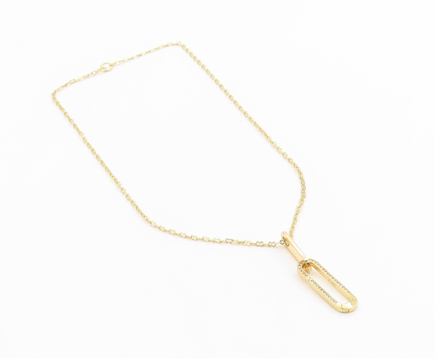 925 Sterling Silver Vintage Necklace Gold Plated CZ Pave Paperclip Drop  NE4869