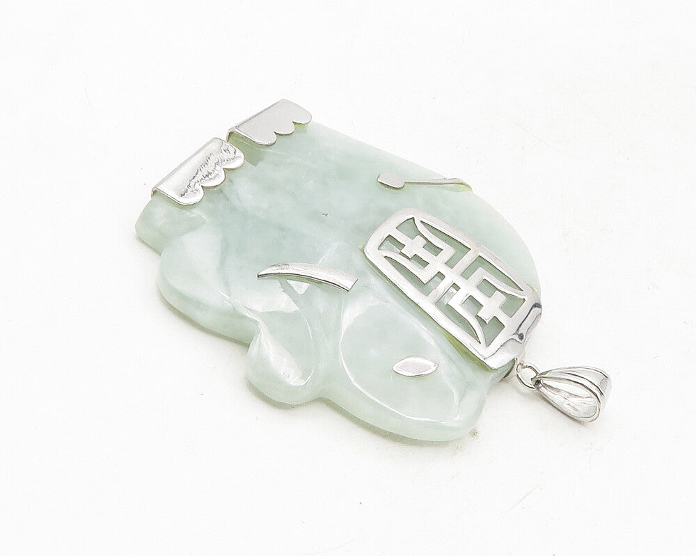 925 Sterling Silver  Elephant Carved Jade Chinese Character Pendant  PT7840