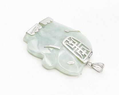 925 Sterling Silver  Elephant Carved Jade Chinese Character Pendant  PT7840