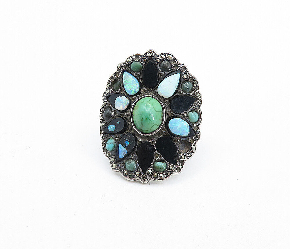 925 Silver  Vintage Turquoise Onyx & Opal Victorian Cocktail Ring Sz 5  RG7641