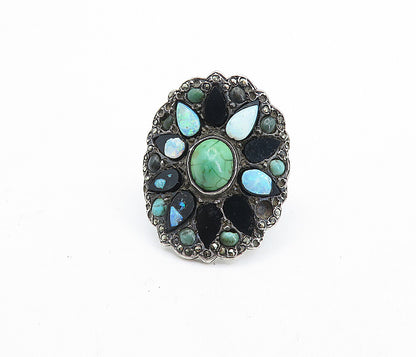 925 Silver  Vintage Turquoise Onyx & Opal Victorian Cocktail Ring Sz 5  RG7641