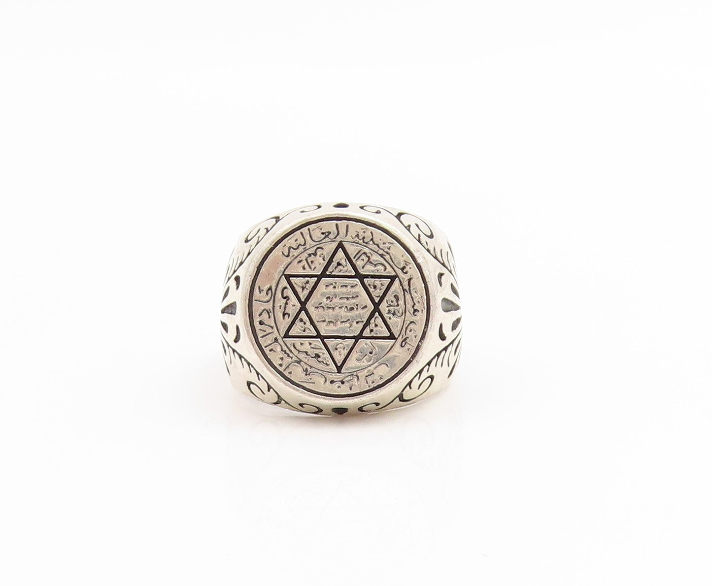 925 Sterling Silver Vintage Ring Star Of David Floral Signet Band Sz 8.5 RG33838