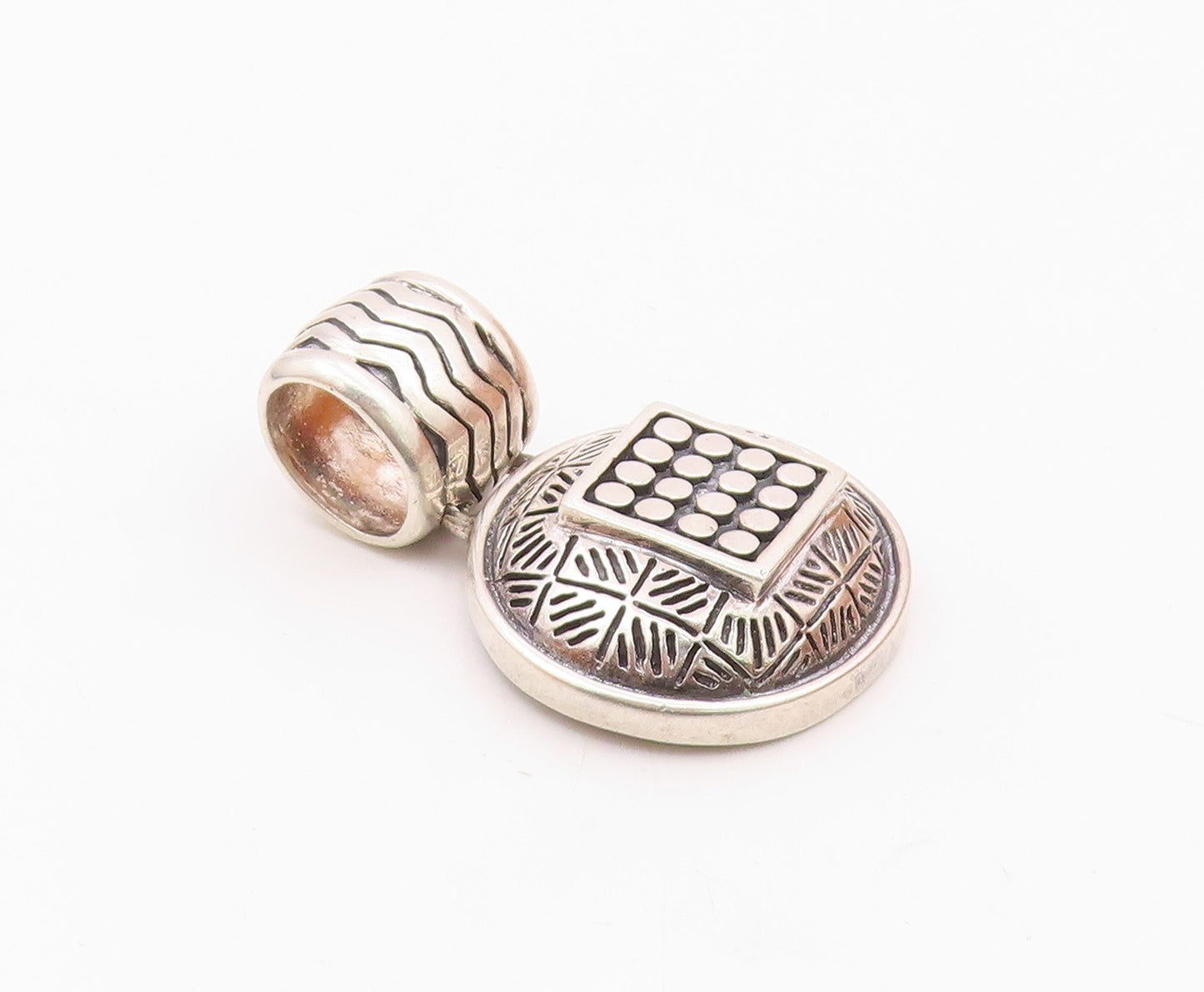 925 Sterling Silver  Vintage Etched Pattern Round Dome Shiny Pendant  PT19651