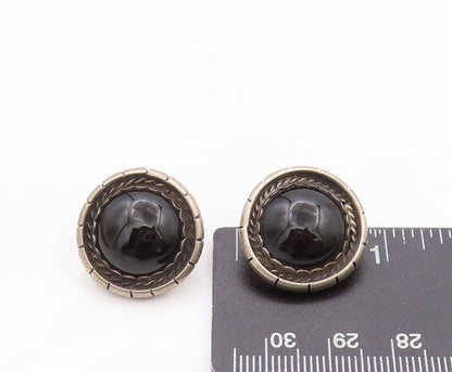 925 Sterling Silver Vintage Earrings Large Cabochon Onyx Carved Design  EG13541