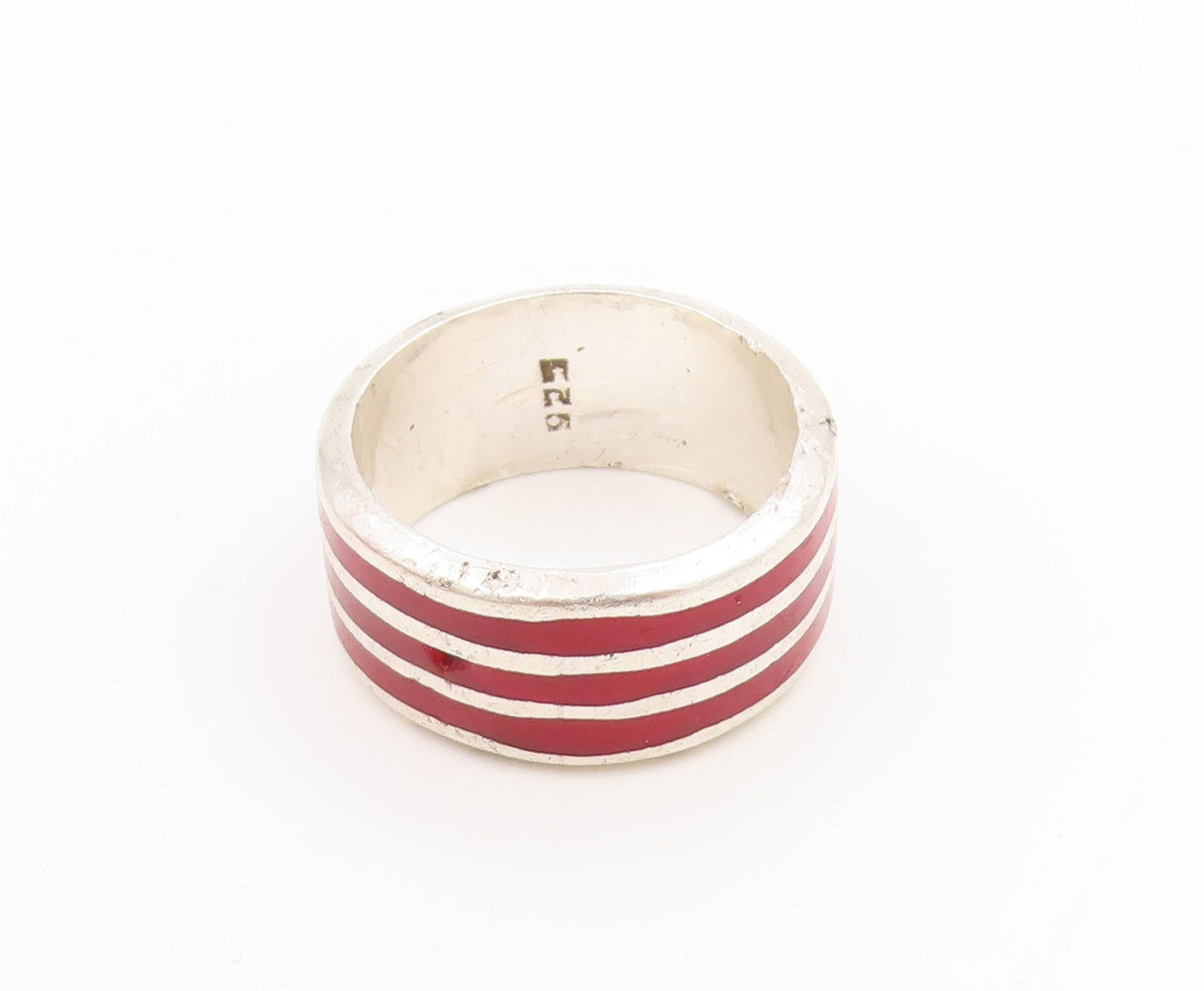 925 Sterling Silver Vintage Ring Red Enameled Wide Stripes Band  Sz 7  RG36092
