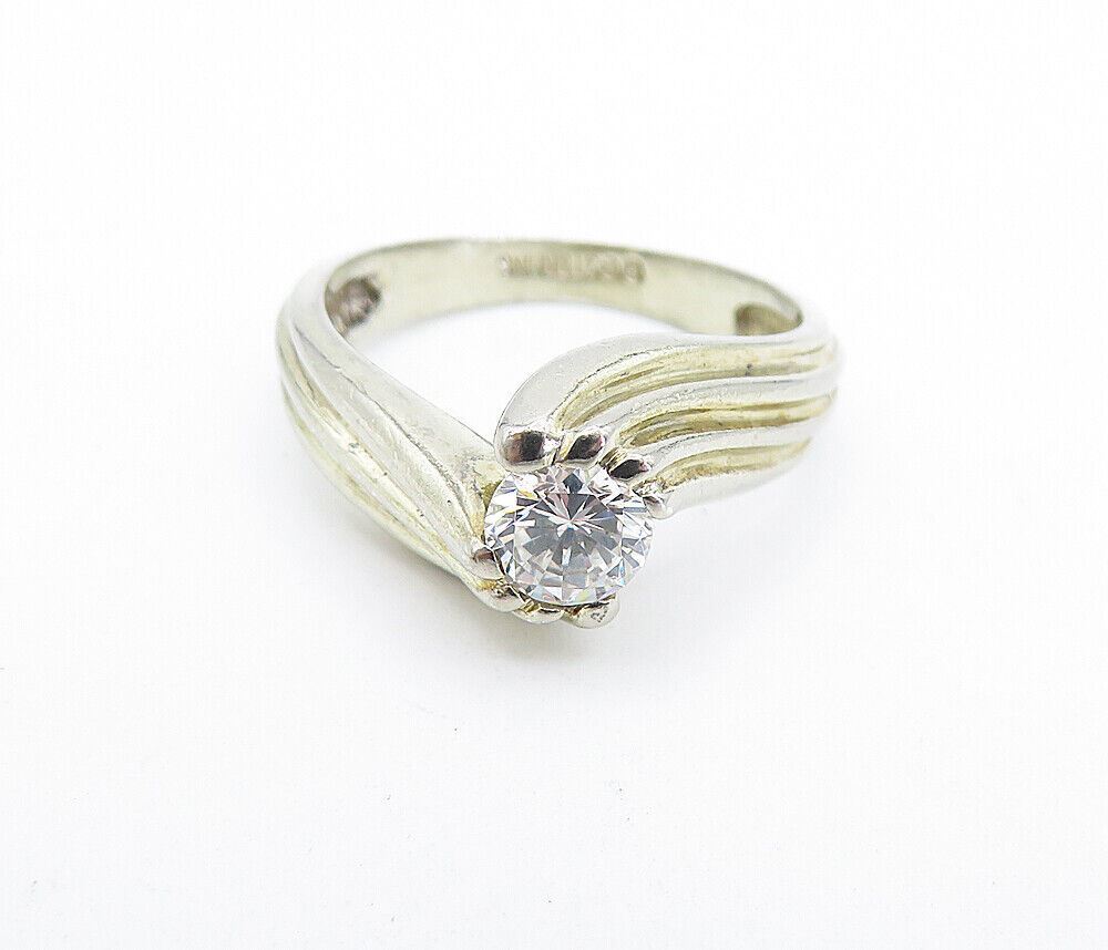 925 Sterling Silver  Vintage Cubic Zirconia Swirl Solitaire Ring Sz 6  RG7634