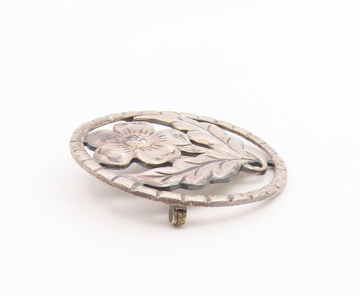 925 Sterling Silver  Vintage Single Flower Motif Round Brooch Pin  BP3785
