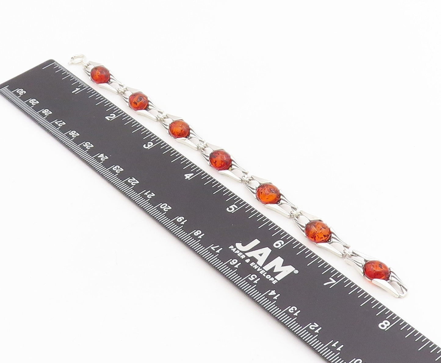 925 Sterling Silver Vintage Bracelet Cabochon Honey Amber Link Chain  BT11536