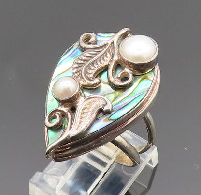MERAV 925 Silver  Vintage Freshwater Pearls & Abalone Leaf Ring Sz 7  RG26259