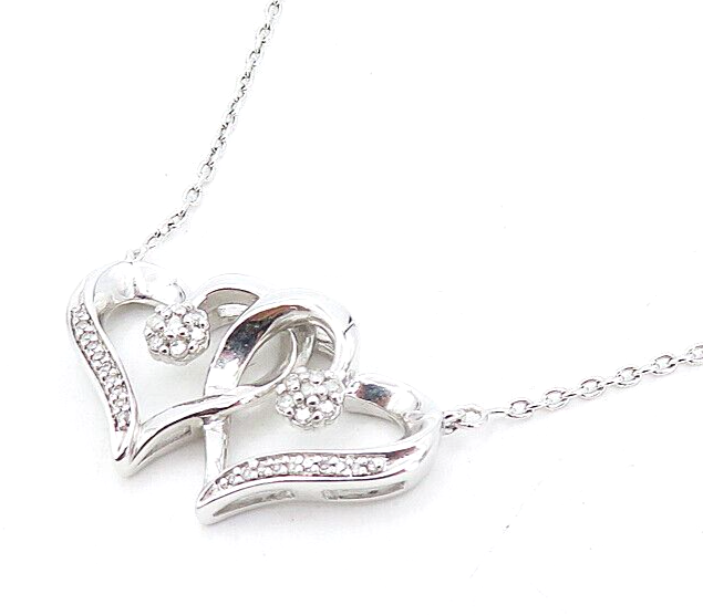 925 Sterling Silver  Genuine Diamonds Double Love Heart Chain Necklace  NE1372