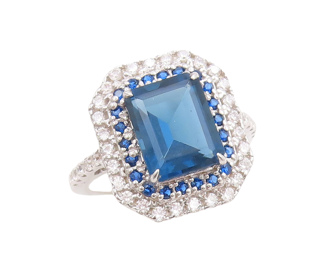 925 Sterling Silver Vintage Ring Designer Rectangle Sapphire & CZ  Sz 7  RG30662