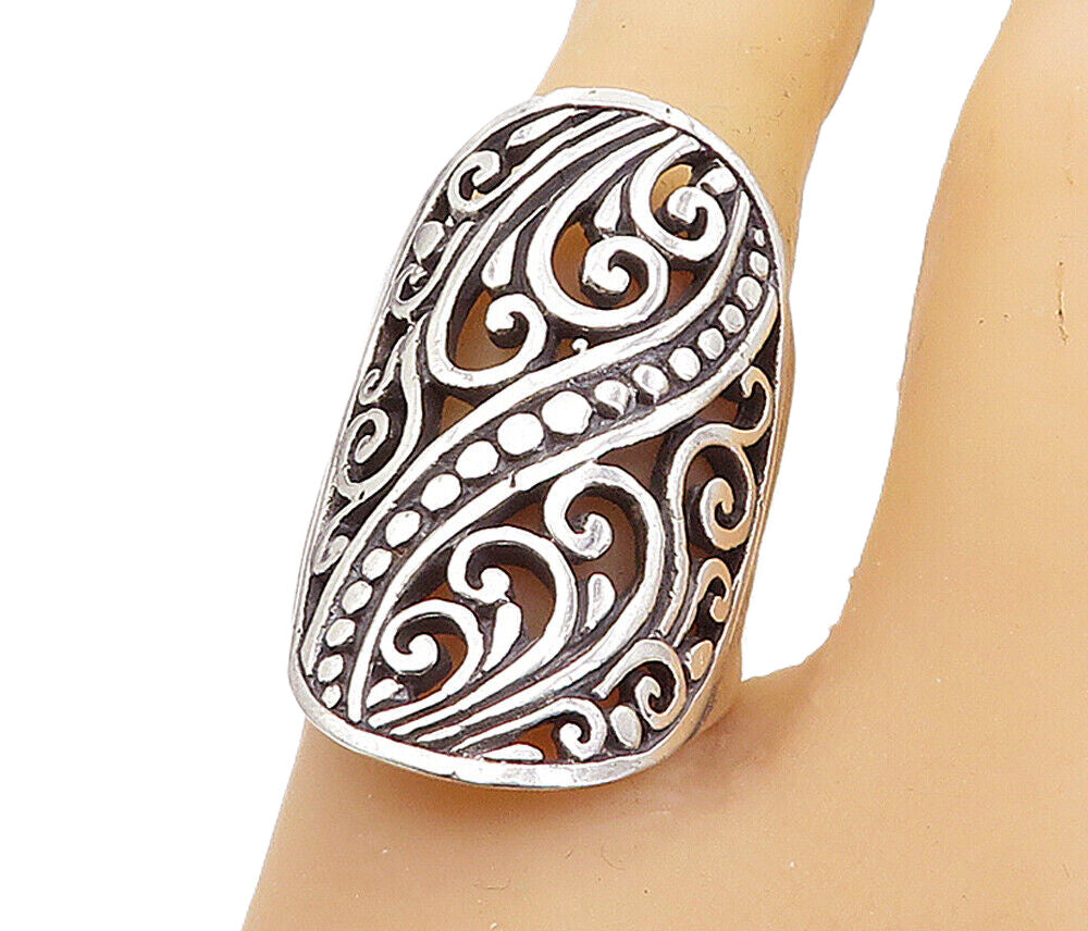 925 Sterling Silver  Vintage Shiny Swirl Full Finger Band Ring Sz 7.5  RG8097