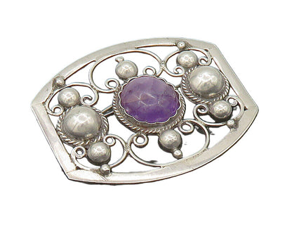 MEXICO 925 Sterling Silver  Vintage Amethyst Pretzel Swirl Brooch Pin  BP8989