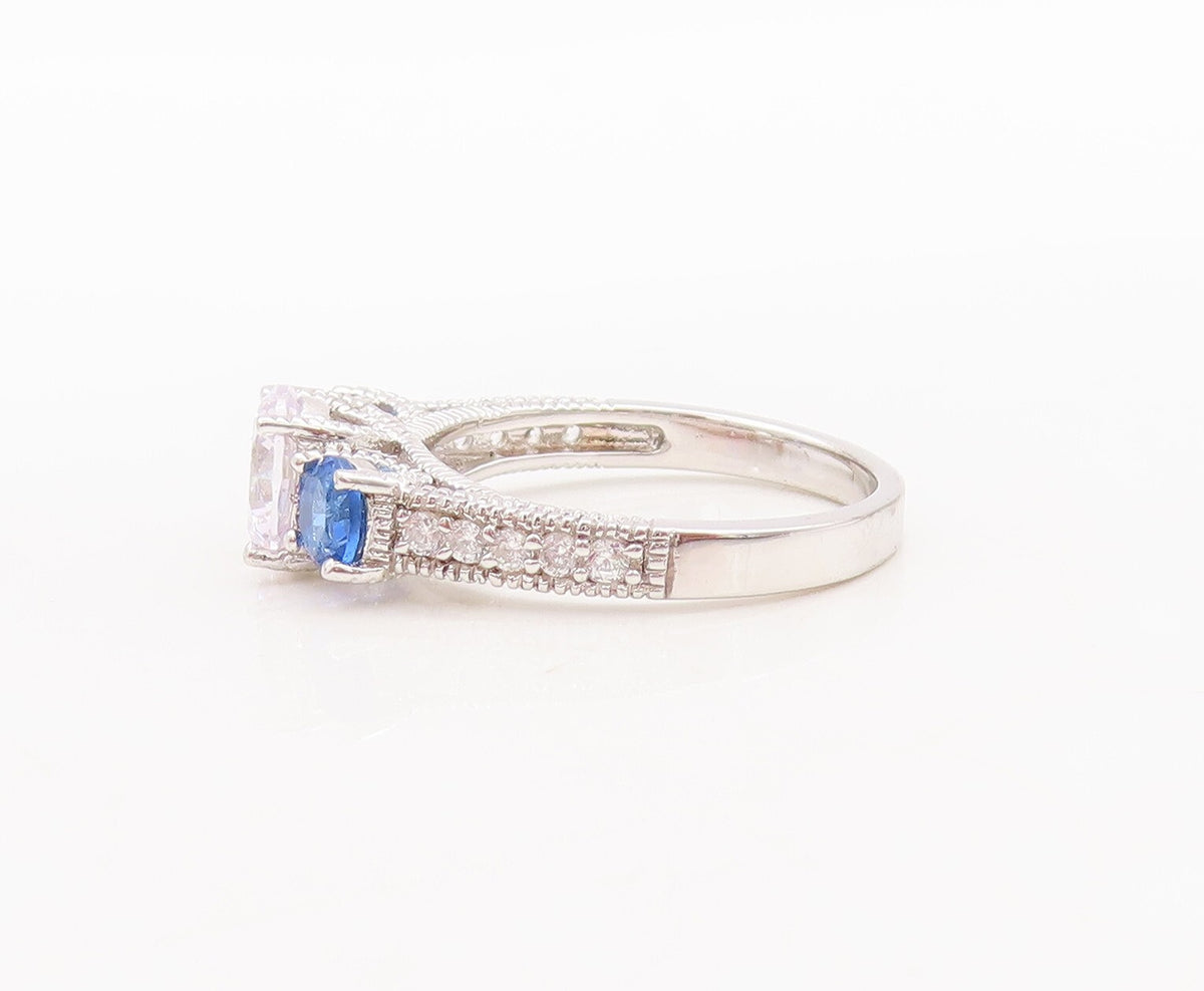 925 Sterling Silver Vintage Ring Round Sapphire & CZ Wedding Ring  Sz 7  RG29460