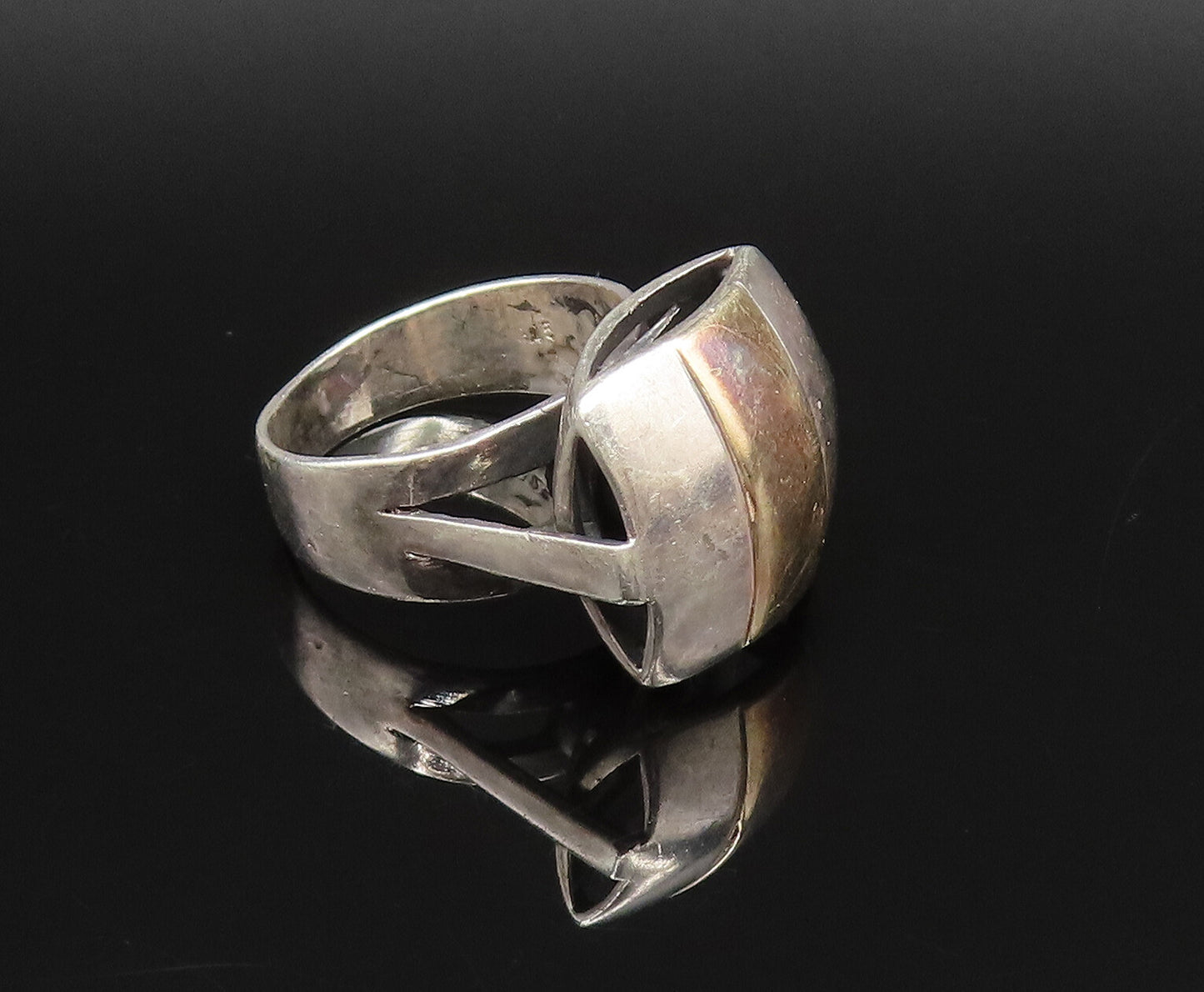 14K GOLD & 925 Silver  Vintage Two Tone 3D Squared Frame Ring Sz 8  RG25683