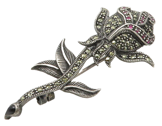 925 Sterling Silver  Vintage Marcasite & Topaz Rose Flower Brooch Pin  BP6356