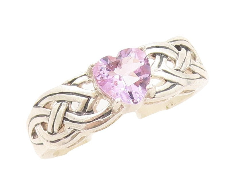 925 Sterling Silver Vintage Ring Celtic Design Cut Heart Amethyst Sz 8.5 RG31147
