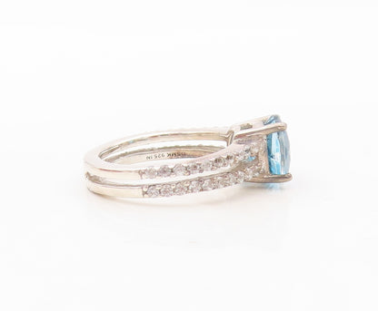 925 Sterling Silver Vintage Ring Round Cut Sapphire & CZ Inlay  Sz 7  RG30653
