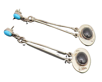 MEXICO 925 Silver  Vintage Pendulum Drop Turquoise & Onyx Earrings  EG12541