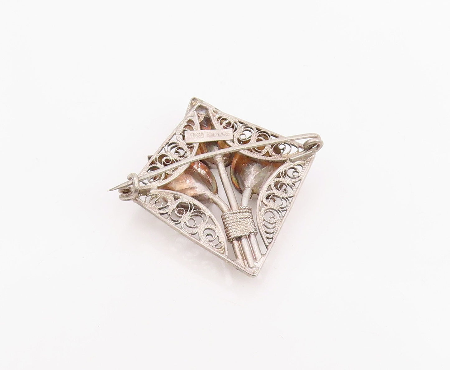 925 Sterling Silver Vintage Brooch Pin Etched Filigree Calla Lily Flower BP12326