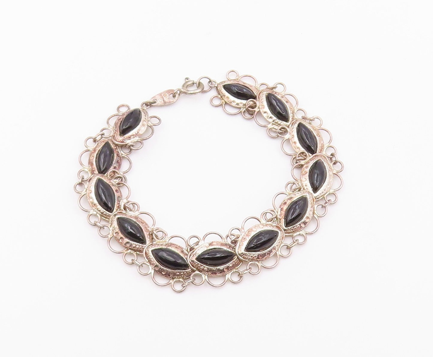 925 Silver  Vintage Open Circle Edge Marquise Black Onyx Chain Bracelet BT9559