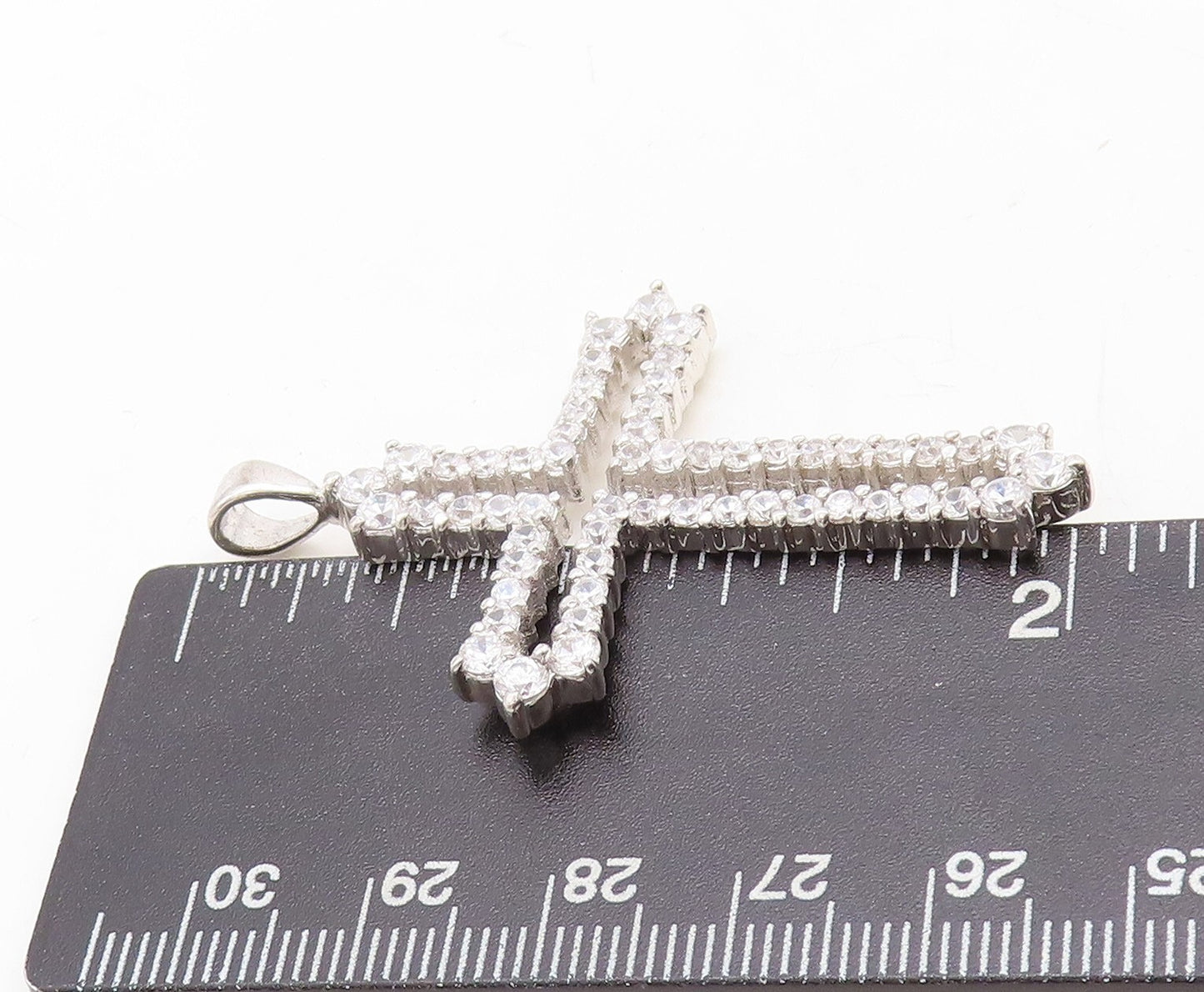 925 Sterling Silver Vintage Pendant Topaz Band Cutout Religious Cross  PT23707