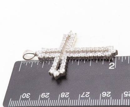 925 Sterling Silver Vintage Pendant Topaz Band Cutout Religious Cross  PT23707