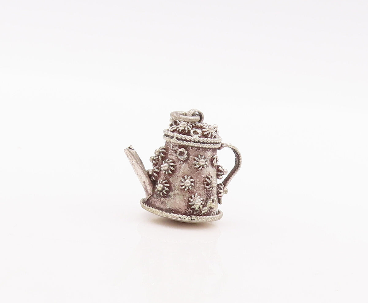 925 Sterling Silver Vintage Pendant Solid Coiled Floral Carved Tea Pot  PT23163
