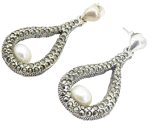 925 Sterling Silver  Vintage Freshwater Pearl & Marcasite Drop Earrings EG3401