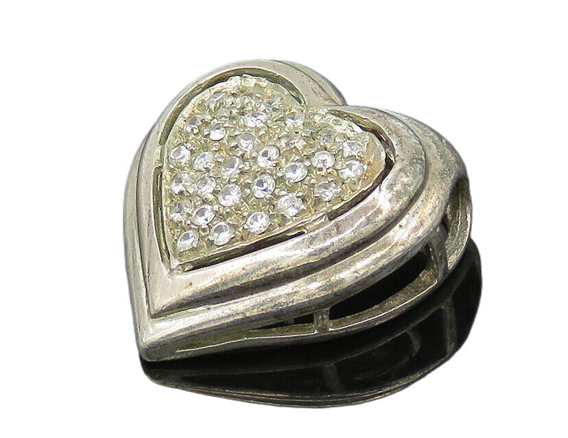 925 Sterling Silver  Vintage Topaz Encrusted Love Heart Dome Pendant  PT13882