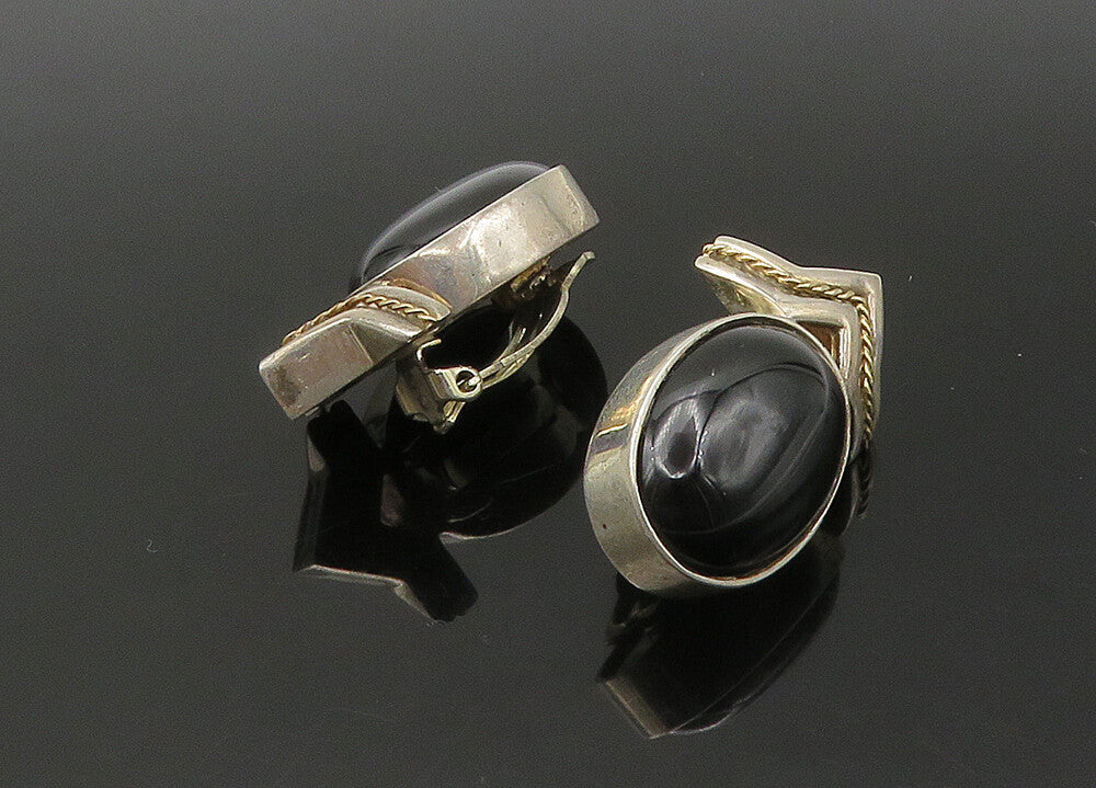 925 Sterling Silver & 14K GOLD  Vintage Black Onyx Non Pierce Earrings EG10824
