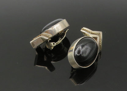 925 Sterling Silver & 14K GOLD  Vintage Black Onyx Non Pierce Earrings EG10824