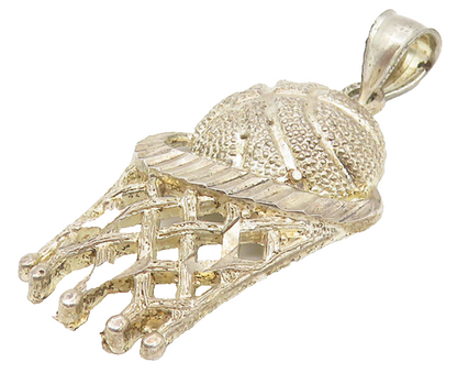 925 Sterling Silver  Vintage Diamond Cut Basketball & Hoop Pendant  PT9140