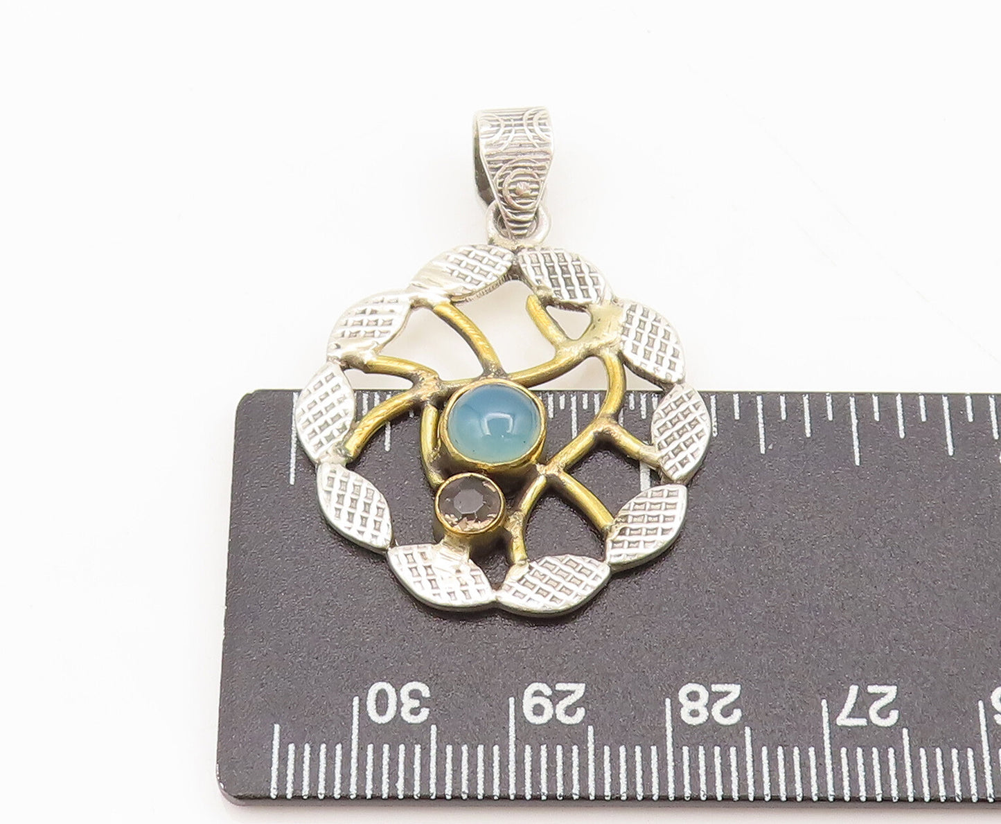 925 Silver  Vintage Round Leaf Designer Larimar Smokey Quartz Pendant  PT22314