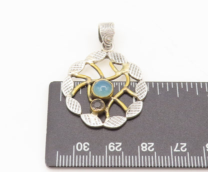 925 Silver  Vintage Round Leaf Designer Larimar Smokey Quartz Pendant  PT22314